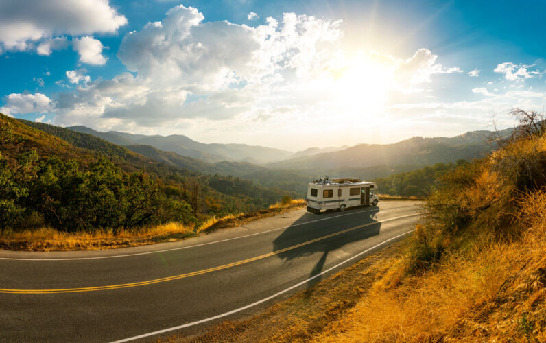 gas or diesel RV on mountain road
