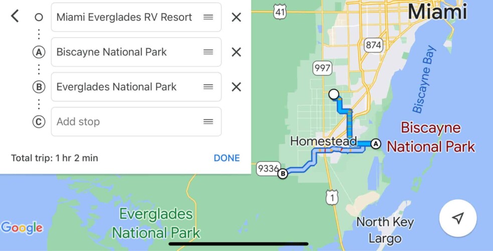Map showing Florida's national parks and RV resorts distances.