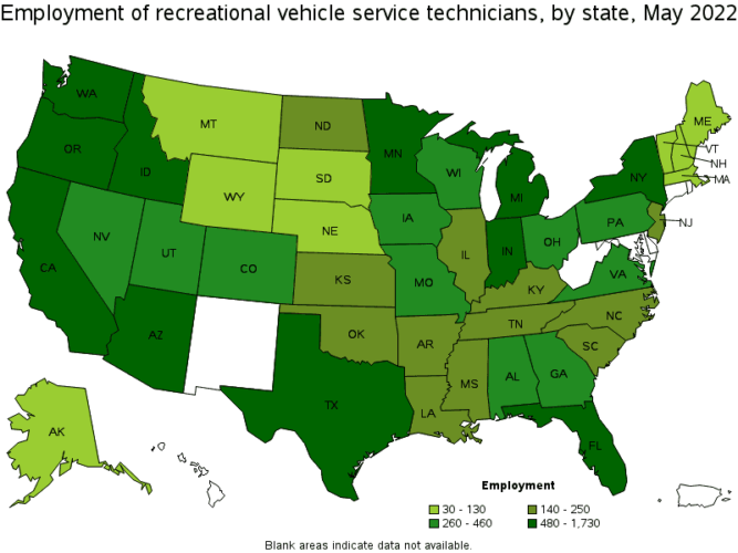 RV Technician employment map of the U.S. (Source: US Bureau of Labor Statistics)