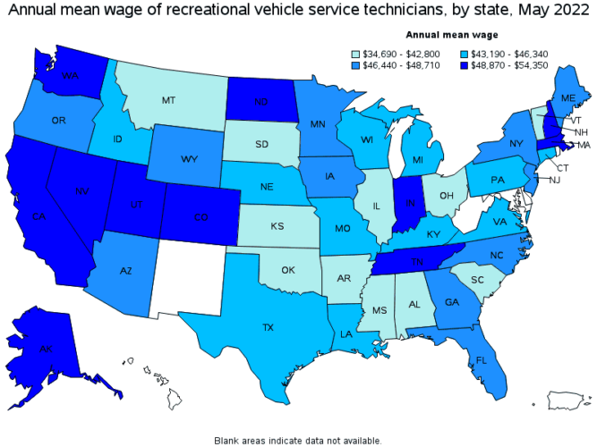 US map of median wages for RV techs
(Source: US Bureau of Labor Statistics)