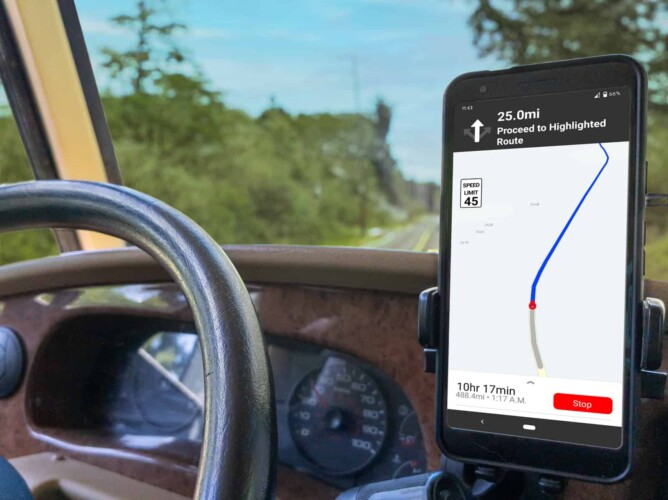 Motorhome driving using the RV Life RV safe GPS app. (Image: L. Henley)