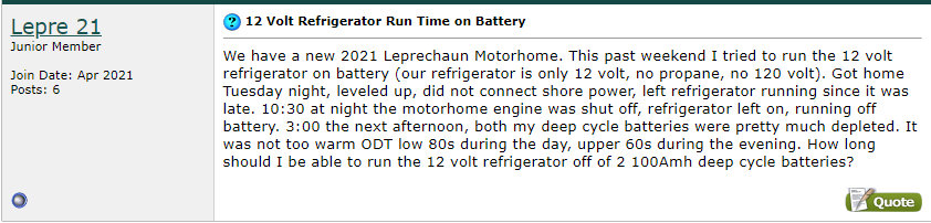 Forum discussion on 12-volt RV refrigerator run time on battery