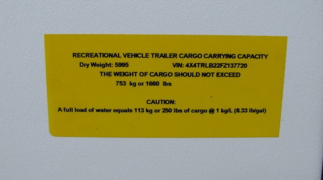 Yellow RVIA Dry weight sticker. Image: Forest River
