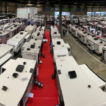 Overhead view of an RV show floor with towables. Image: Dave Helgeson