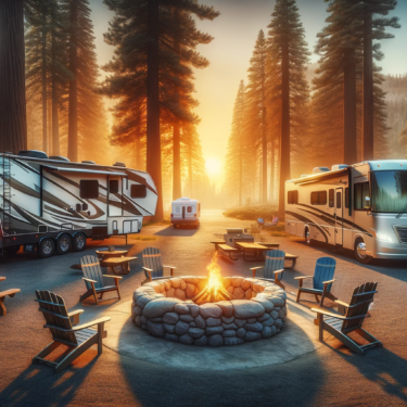 Fifth wheel versus motorhome camping together with a campfire and chairs in a campground.